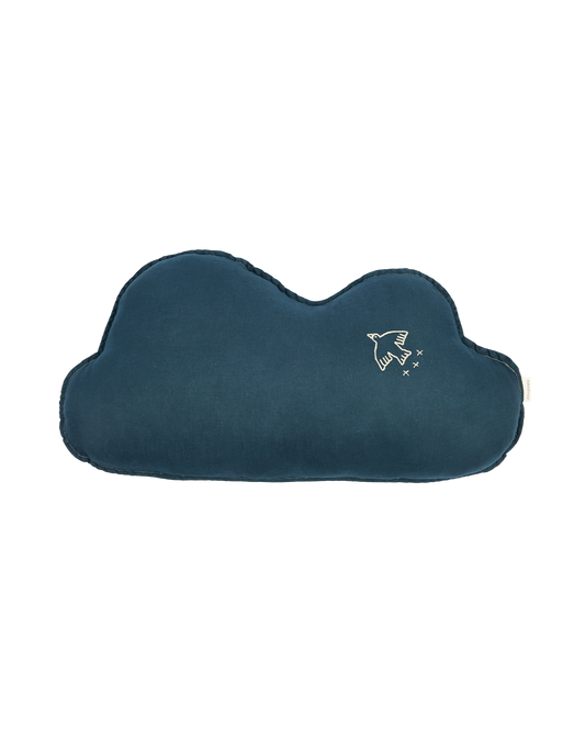 Coussin nuage L1N0 en lin français lavé - Broderie oiseau
