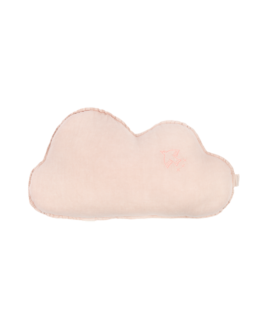 Coussin nuage L1N0 en lin français lavé - Broderie oiseau