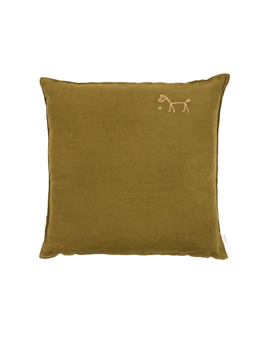 Coussin carré brodé L1N0 en lin français lavé