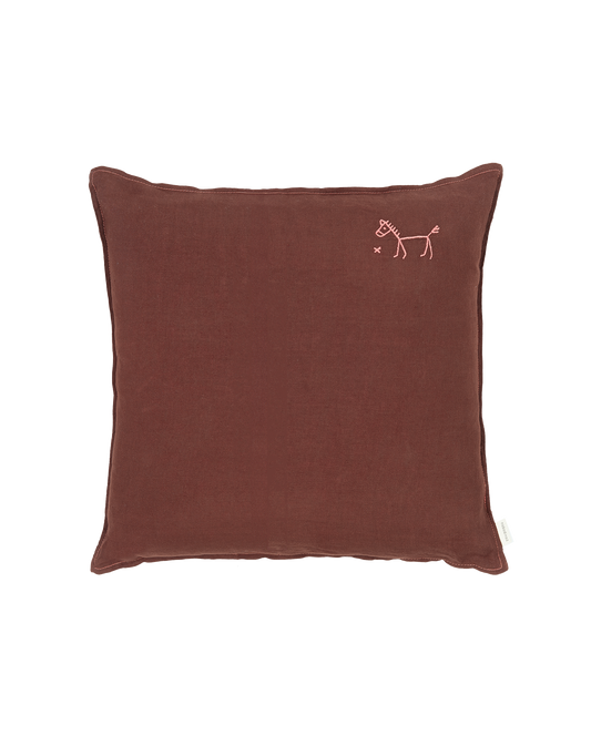 Coussin carré brodé L1N0 en lin français lavé